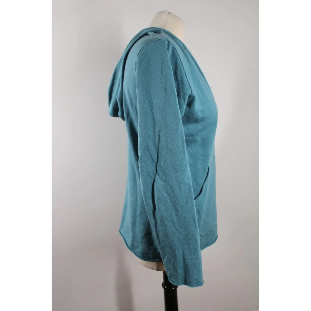 WinterSilks M Teal Blue Spun Silk Cotton V-Neck Hoodie Kangaroo Pocket Raw Hem - Picture 2 of 8
